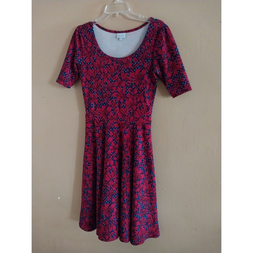 LuLaRoe Women's AMELIA Dress FLORAL Workwear Trad PURPLE RED STRETCH Size SMALL